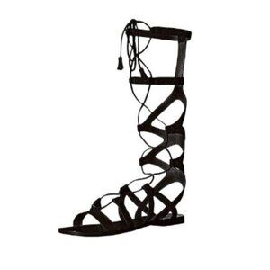 YDN Black Women Sexy Knee High Lace up Flats Fringe Low Heel Gladiator Strap